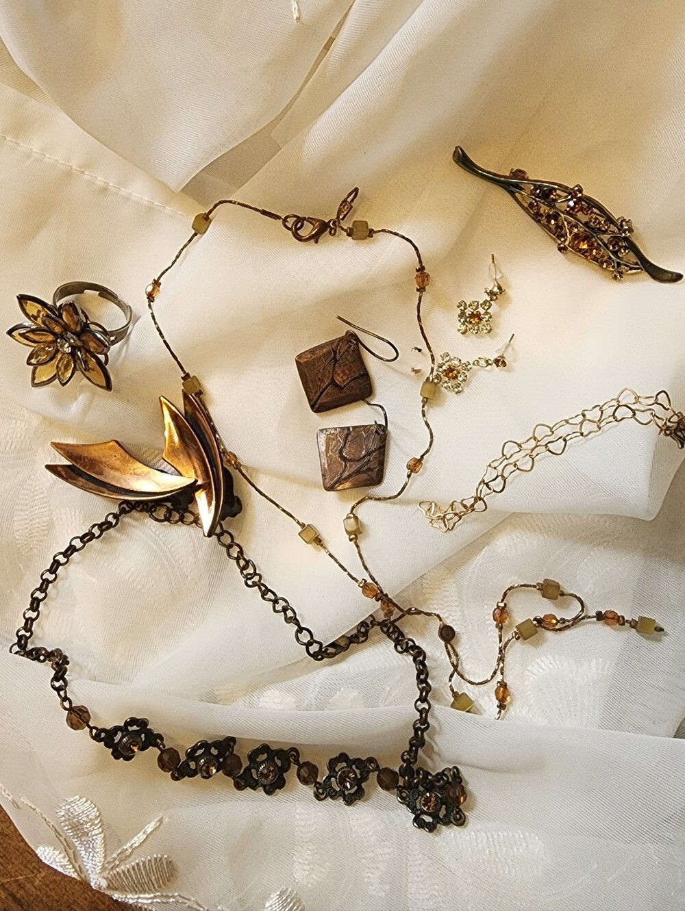 Vintage Autumnal Jewelry Lot : Necklaces, Earrings, Brooch, Ring, 925 Sterling
